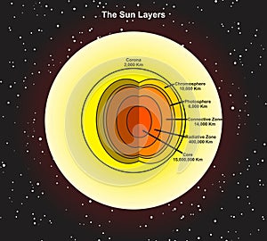 Sun layers infographic diagram including corona chromosphere photosphere connective radiative zone core