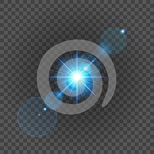 Sun with lens flare lights template and vector background. Special Effect Glowing Rays.