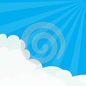 Sun light rays burst. Blue sky. Sunshine Fluffy Cloud in corners frame template. Cloudshape. Cloudy weather. Flat design. Backgrou