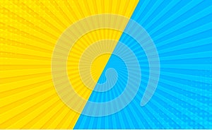 Sun light rays sun pop art Retro vintage style background with blue and yellow color. Comic book pop