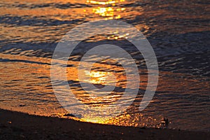 Sun light reflected in waves on beach at sunset