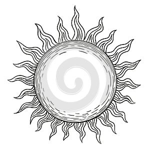 The sun, a linear drawing in the style of engraving black lines