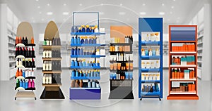 Sun lotion  creams and oil products on Rack shelf at skincare store