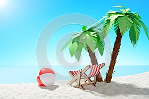 Sun lounger and beach ball under a palm tree on the sandy coast. Sky with copy space