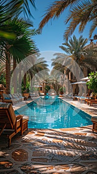 Sun lounger in a hotel near the pool, under the shade of palm trees in Oman