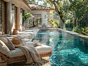 A sun lounger by the pool, backyard house