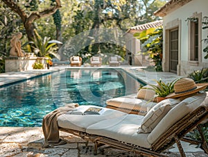 A sun lounger by the pool, backyard house