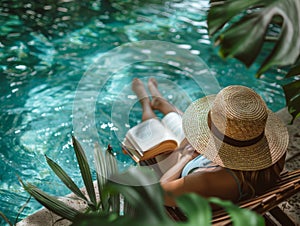A sun lounger by the pool, on which a person lies with a book in their hands