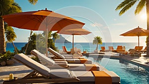 sun lounger with umbrella by the pool, hotel