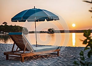 Sun lounger with umbrella on the shore. The character and all objects are fictitious, the image was created using the neural