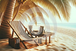 sun lounger, work briefcase and table with laptop and organizers on the beach under palm trees, remote work, freelance