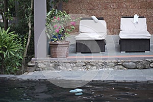 Sun loungers with mattresses and towels