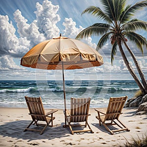 Sun loungers and parasols on a tropical beach