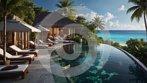 sun loungers by the pool on exotic island resort with palm trees, blue ocean water