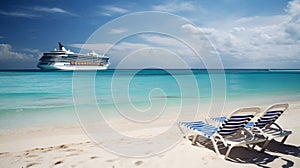Sun loungers on tropical beach with cruise ship on background. Ai generative