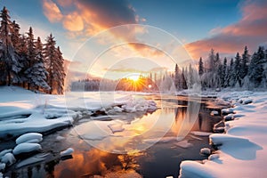 Sun Setting Over Frozen River