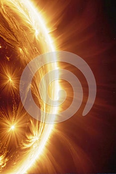 Sun with magnetic storms. Plasma flash on the surface of a our star. Solar flares