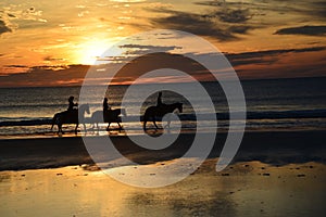 An outline forms with sunrise coming of a group of horseback riders