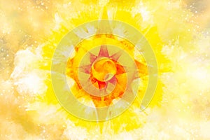 Sun mandala and softly blurred watercolor background.