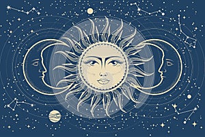 Sun and moon, astrology and horoscope background, eclipse, vintage crescent, tarot mystical symbols