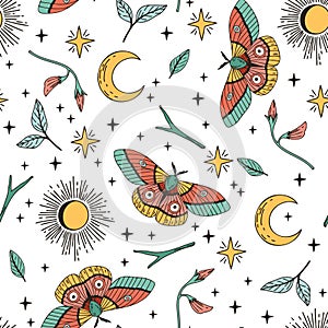 Sun, moon, butterfly seamless pattern