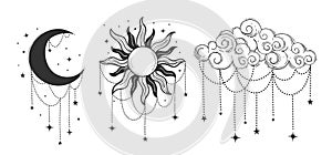 Sun, moon and cloud, Set of mystical elements for boho, astrology, zodiac. Magic heavenly symbols, line tattoo, vector