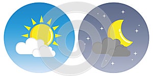 Sun and moon with clouds in circle day and night concept