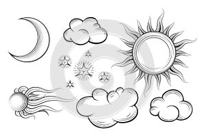 Sun moon comet stars and clouds in vintage engraving style