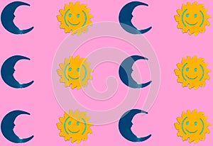 sun and moon copied on pink background, creative art pattern photo