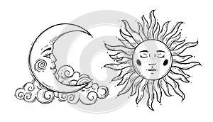 Sun and moon crescent with cloud, vintage boho line drawing for astrology, celestial mythological symbols, witch tattoo