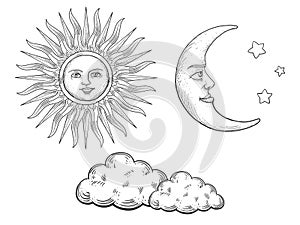 Sun moon with face and clouds engraving vector