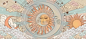 Sun and Moon with face, color vintage mystical astrology poster, eclipse corridor, tarot banner, zodiac linear retro