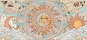 Sun and moon with face, color vintage mystical astrology poster of the structure of the universe, tarot banner, linear