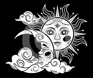 Sun and moon with a face, tarot.