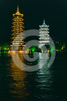 Sun and moon or gold and silver pagodas in Guilin, China