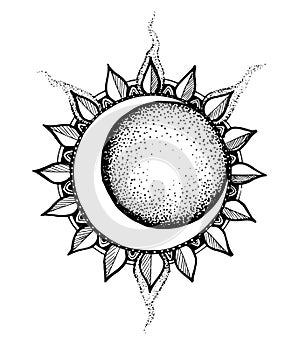 The sun and moon logo. An astronomical icon. An astrological symbol. the black lines of the art are isolated on a white background