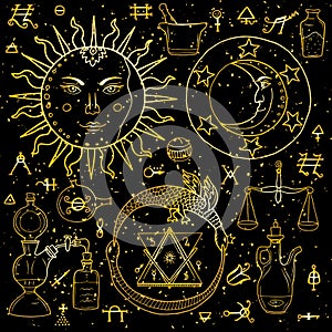 The Sun, Moon, Ouroboros and philosophical stone with other alchemical signs..