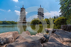 Sun and moon pagodas in Guilin, China