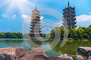 Sun and moon pagodas in Guilin, China