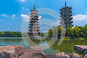 Sun and moon pagodas in Guilin, China