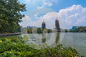 Sun and moon pagodas in Guilin, China