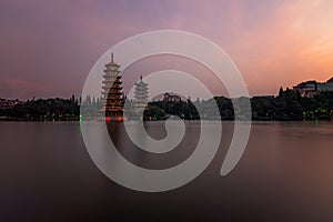 Sun and moon pagodas in Guilin at dusk