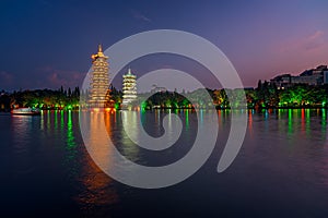 Sun and moon pagodas in Guilin at night