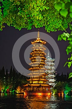 Sun and moon pagodas in Guilin at night