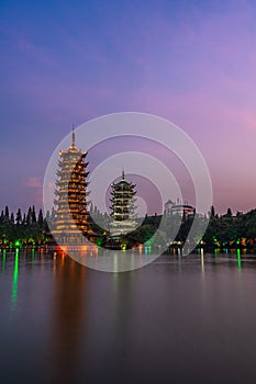 Sun and moon pagodas in Guilin at night