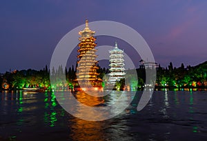 Sun and moon pagodas in Guilin at night