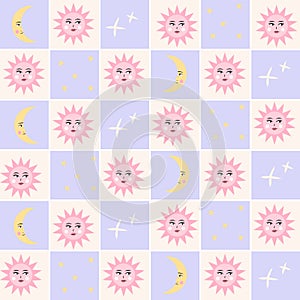 Sun and moon seamless pattern. Cute checkered hand drawn vector background with planets.