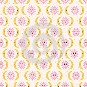 Sun and moon seamless pattern. Cute hand drawn vector background with planets.