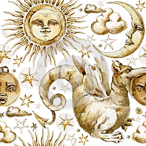 Sun and moon seamless pattern. watercolor illustration set of Celestial symbols, sun, moon, star, Dragon, eclipse with human faces