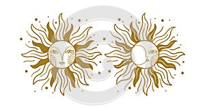 Sun and moon sign set. Golden mystical tarot icon isolated on white. Vector hand drawing. Naive vintage graphics for